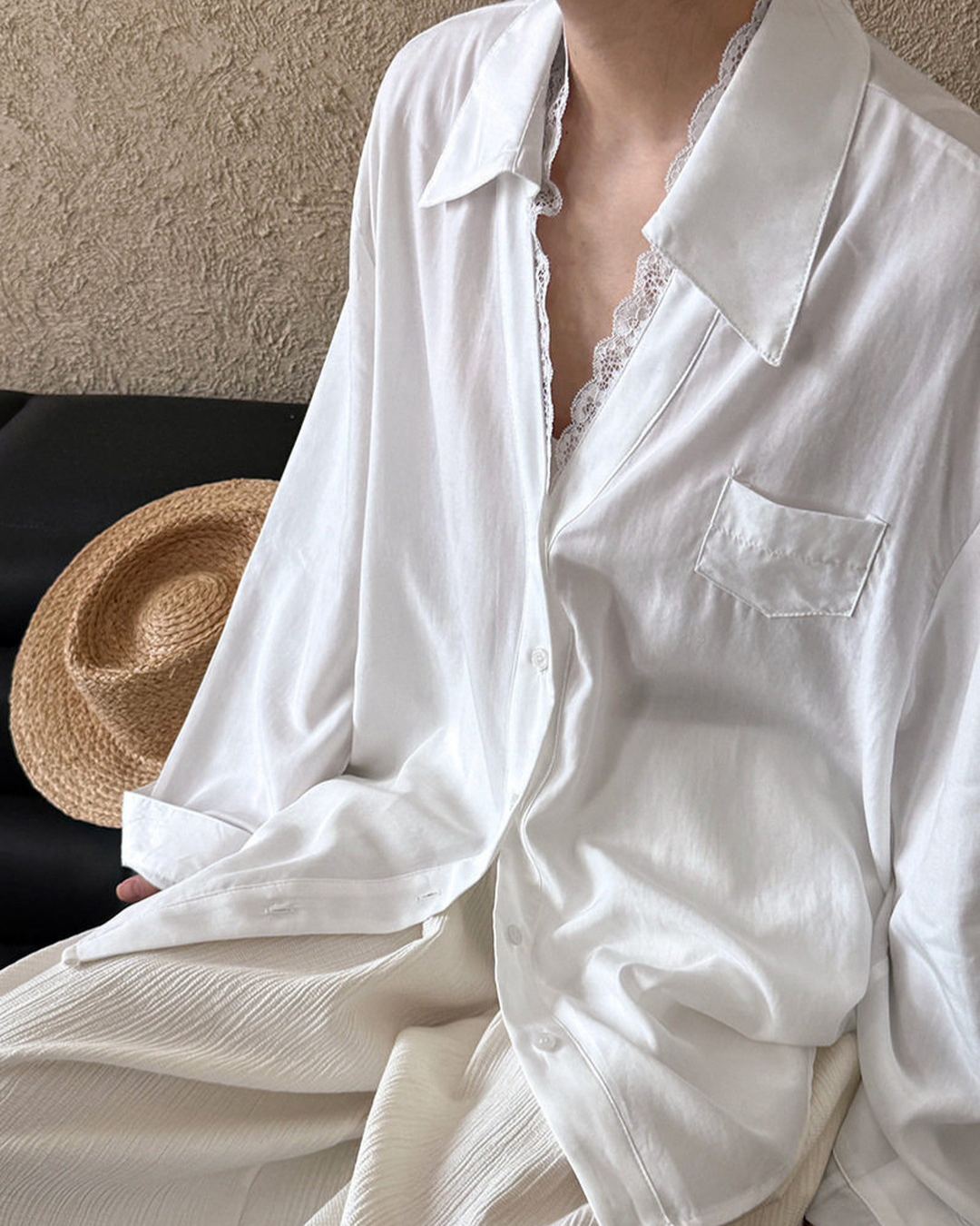 lace trim loose fit long sleeve shirt 2color 【NINE7311】