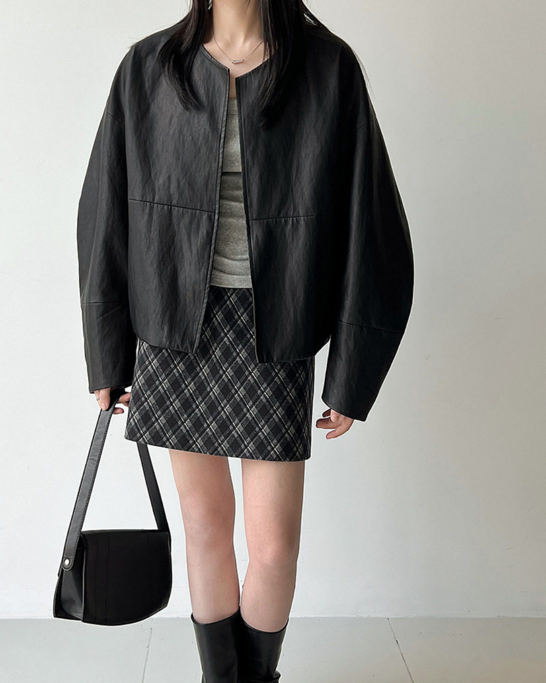 collarless faux leather relaxed jacket 1color 【NINE7327】