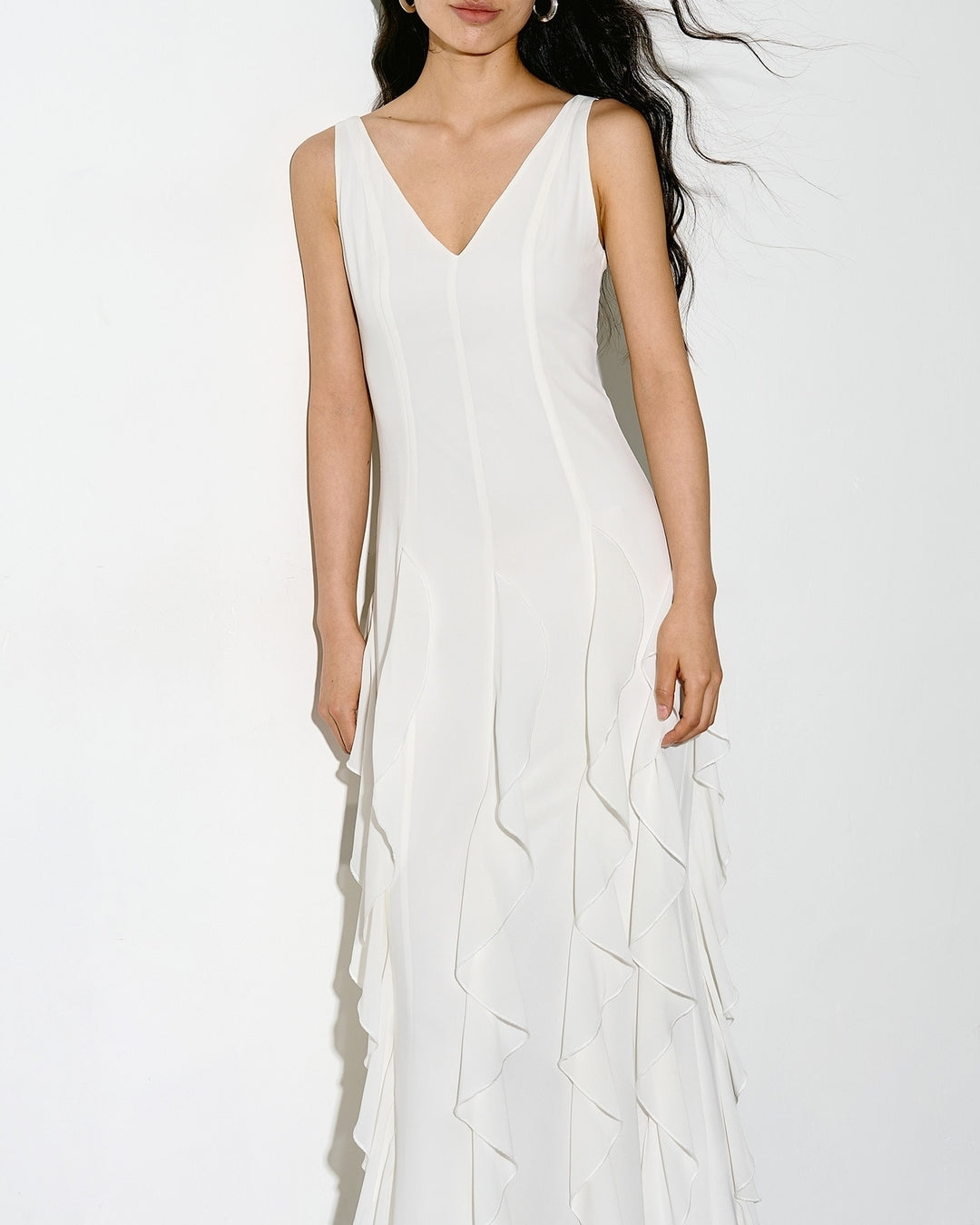 v-neck frilled long one-piece【NINE0343】