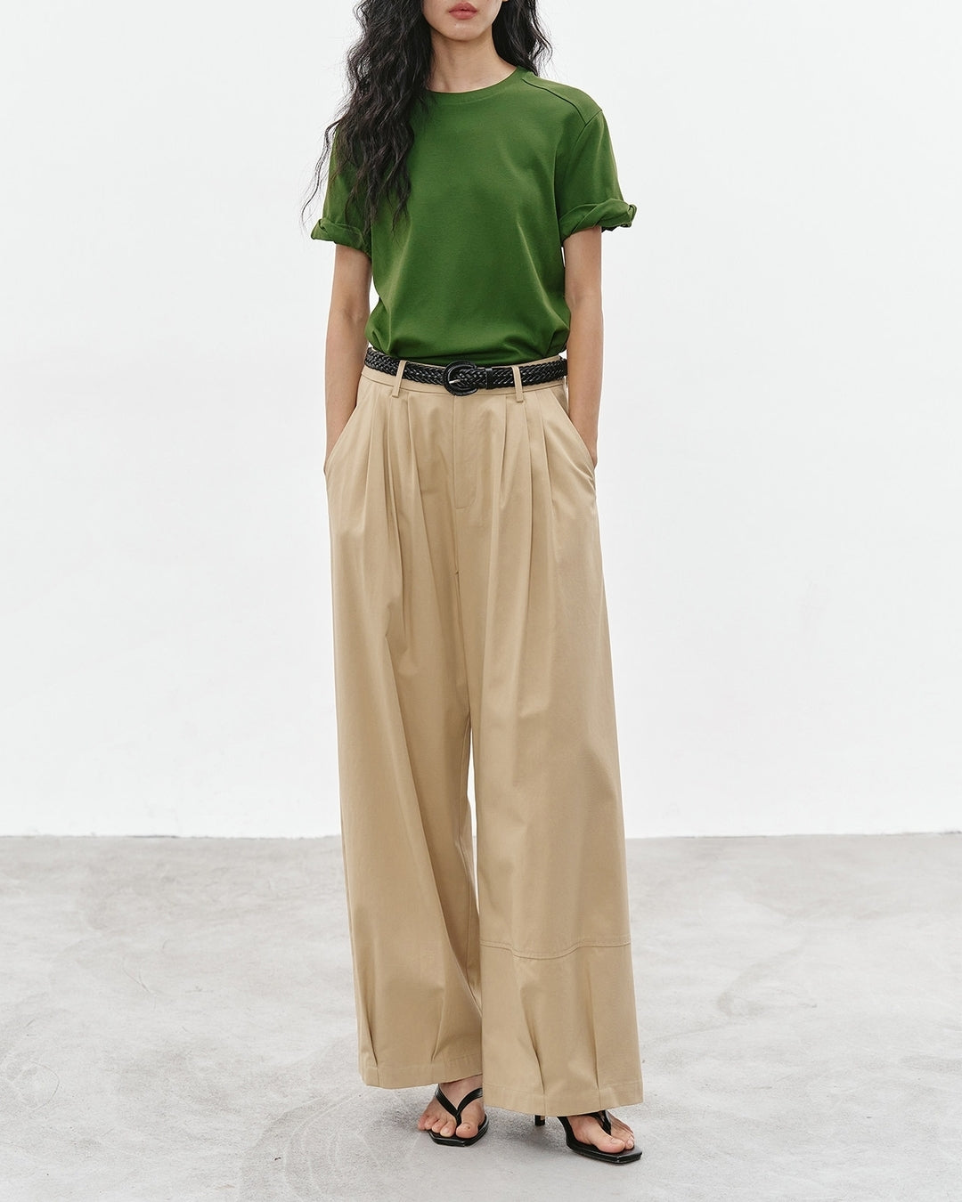 basic t-shirt with roll-up sleeves 2color【NINE0305】