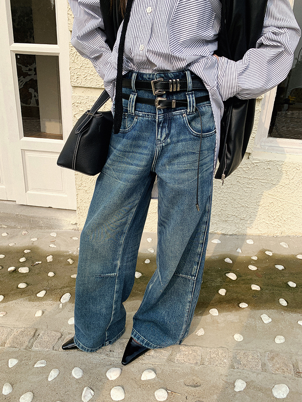 double-belt-loop denim loose pants【NINE8820】