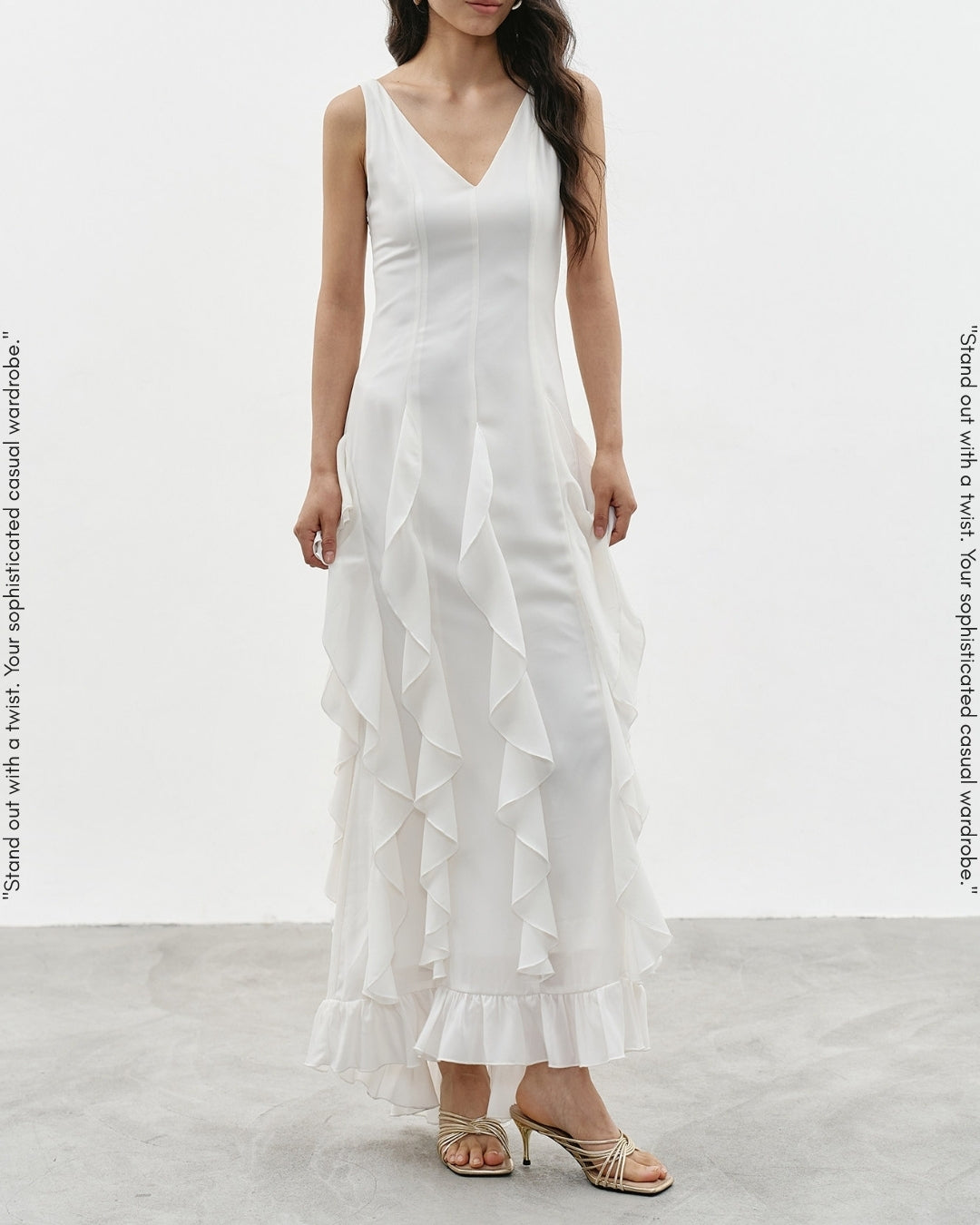 v-neck frilled long one-piece【NINE0343】