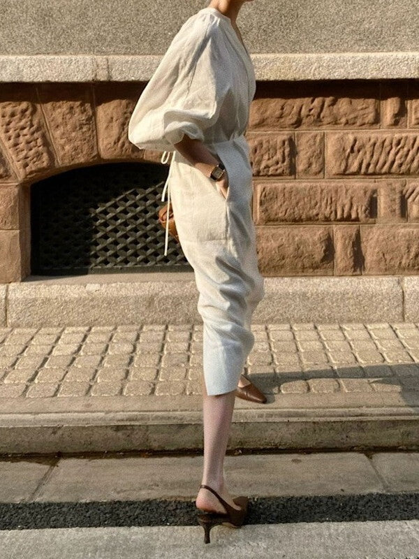 balloon-sleeve chic Ivory color long one-piece【NINE7750】