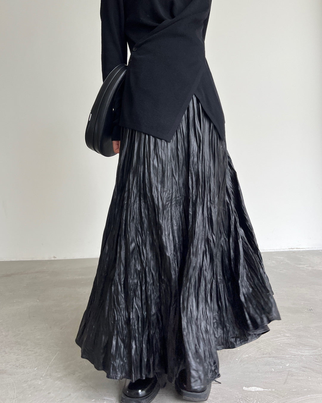 crinkled texture long pleated skirt 1color 【NINE7266】