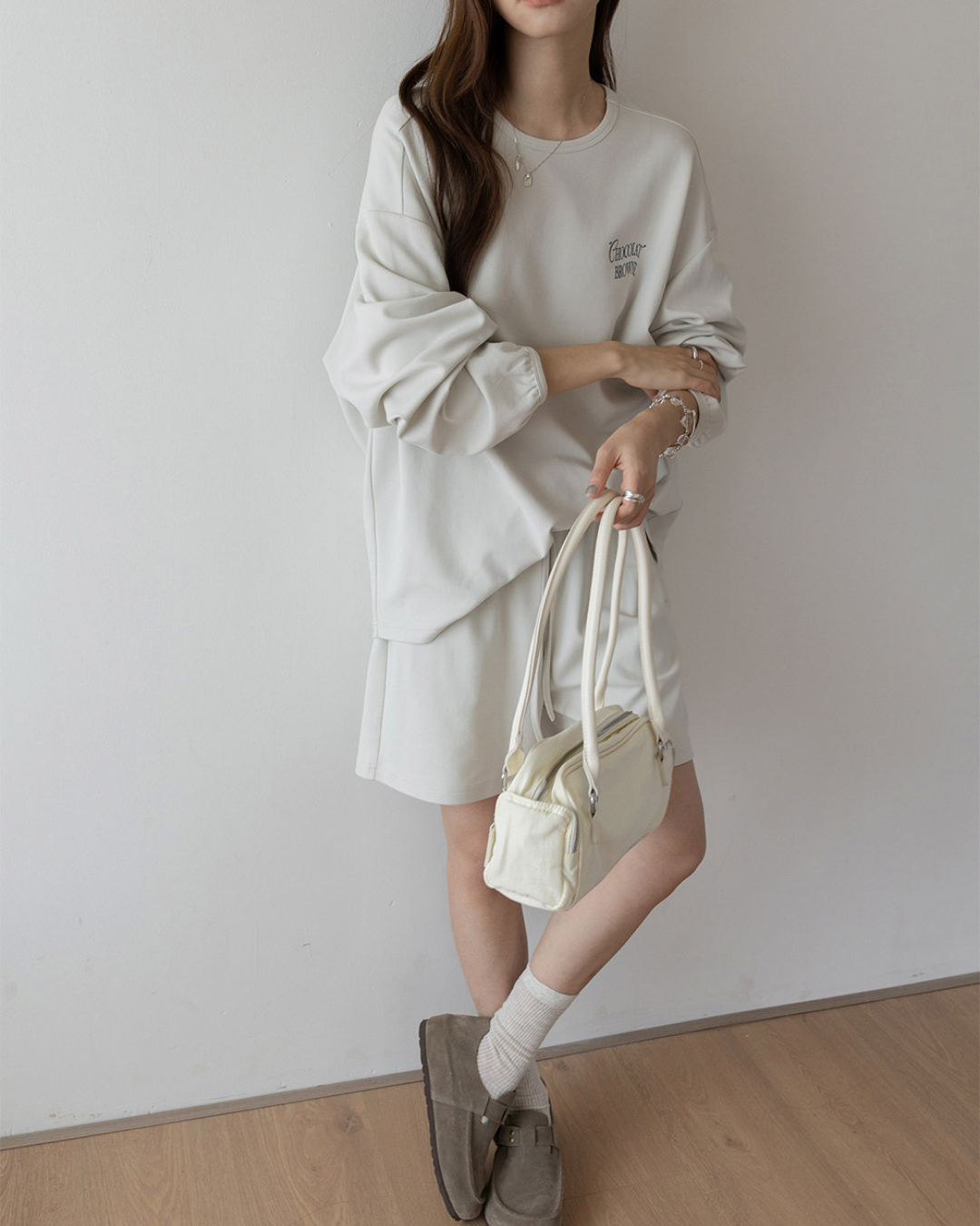 embroidered sweatshirt short pants setup 3color 【NINE7282】