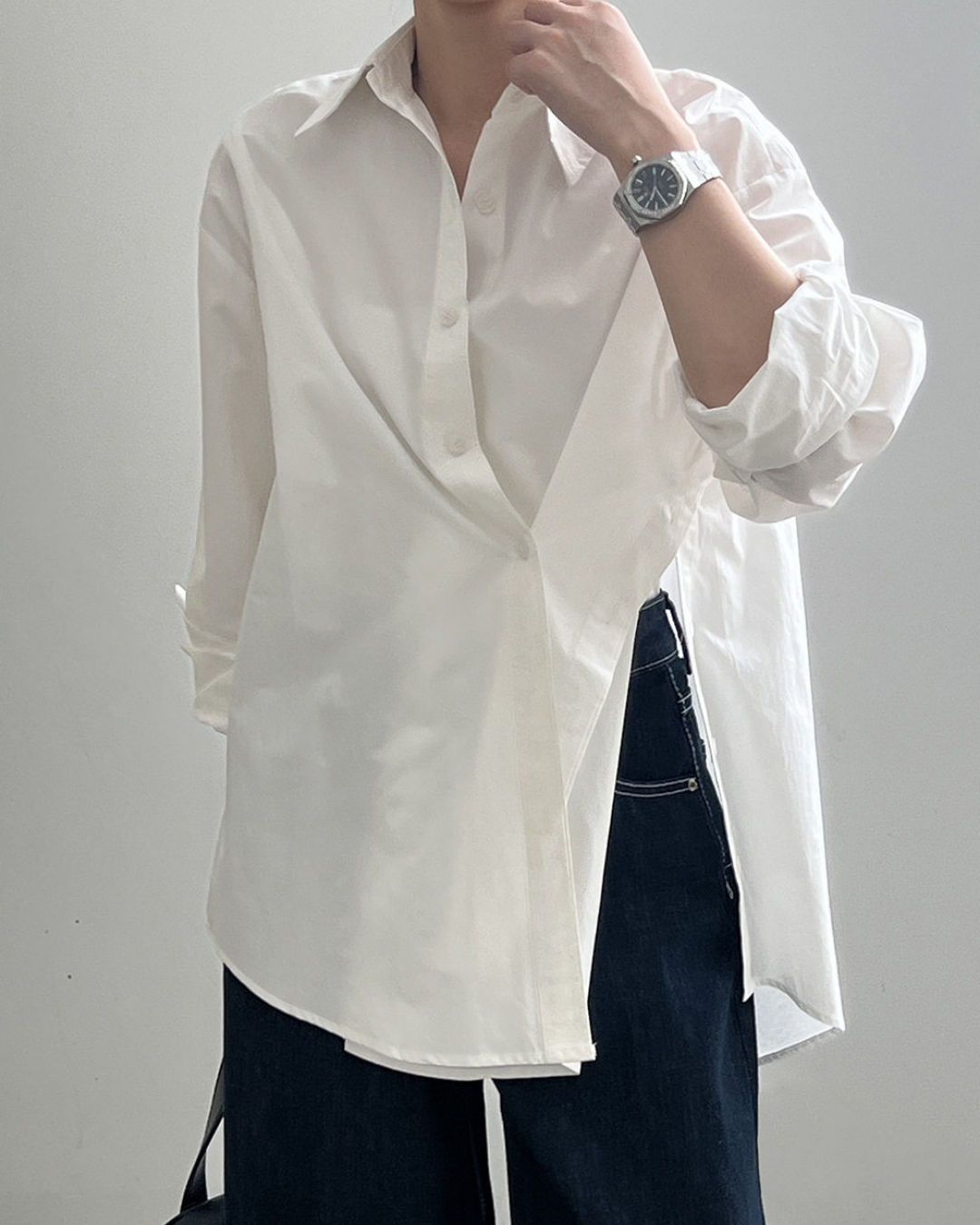 asymmetric placket loose fit long sleeve shirt 2color 【NINE7317】