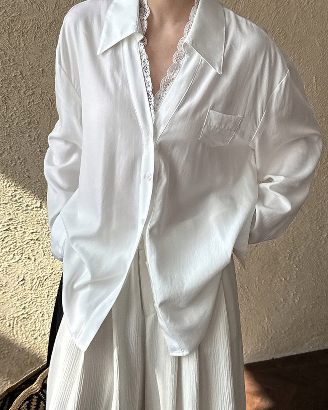 lace trim loose fit long sleeve shirt 2color 【NINE7311】