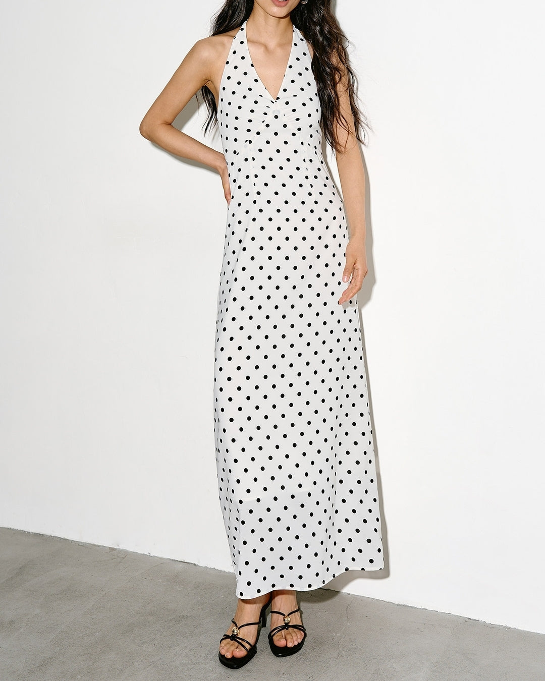 v-neck high waisted dot dress【NINE0334】