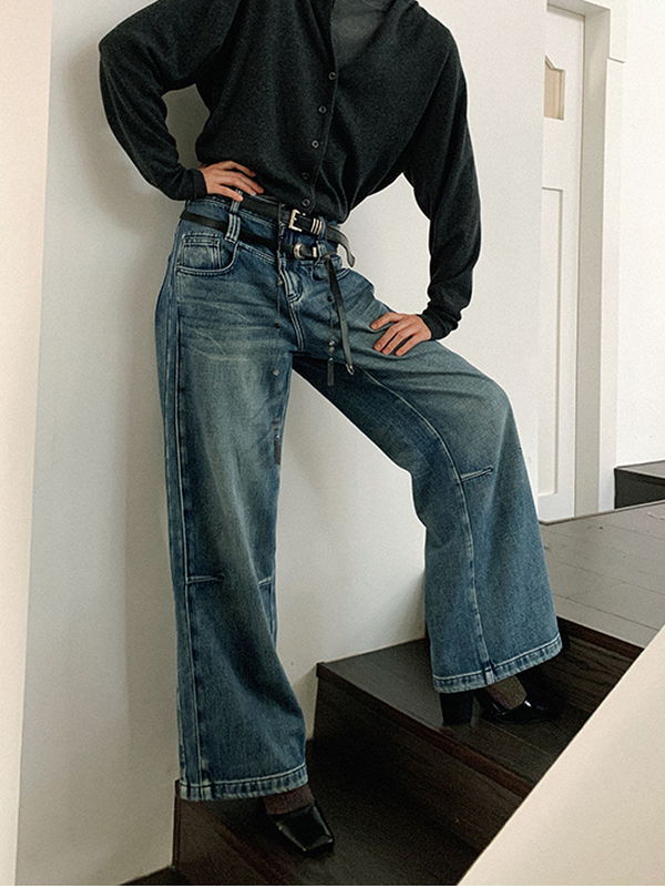 double-belt-loop denim loose pants【NINE8820】