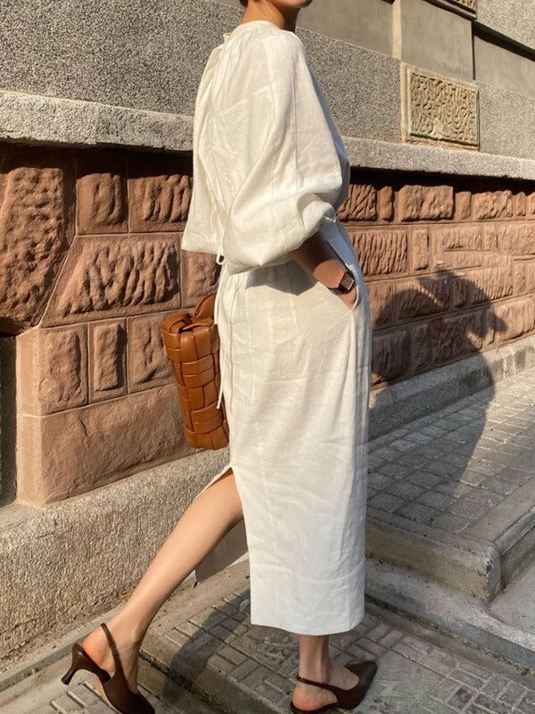 balloon-sleeve chic Ivory color long one-piece【NINE7750】