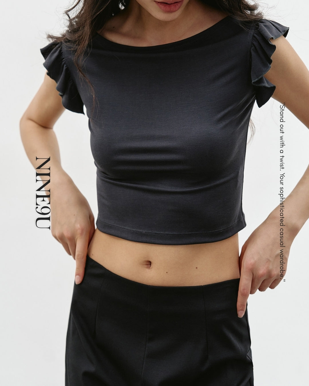 ruffled-sleeve boatneck t-shirt 2color【NINE0326】