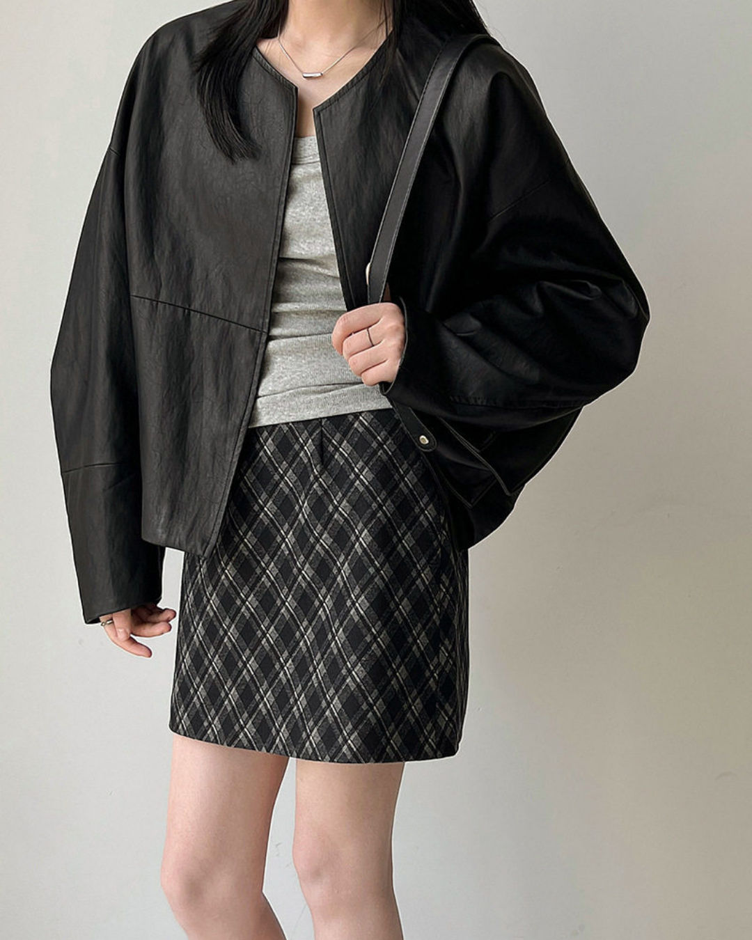 collarless faux leather relaxed jacket 1color 【NINE7327】