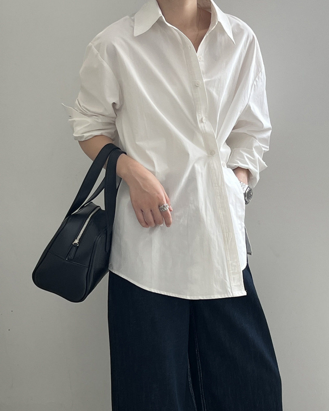 asymmetric placket loose fit long sleeve shirt 2color 【NINE7317】