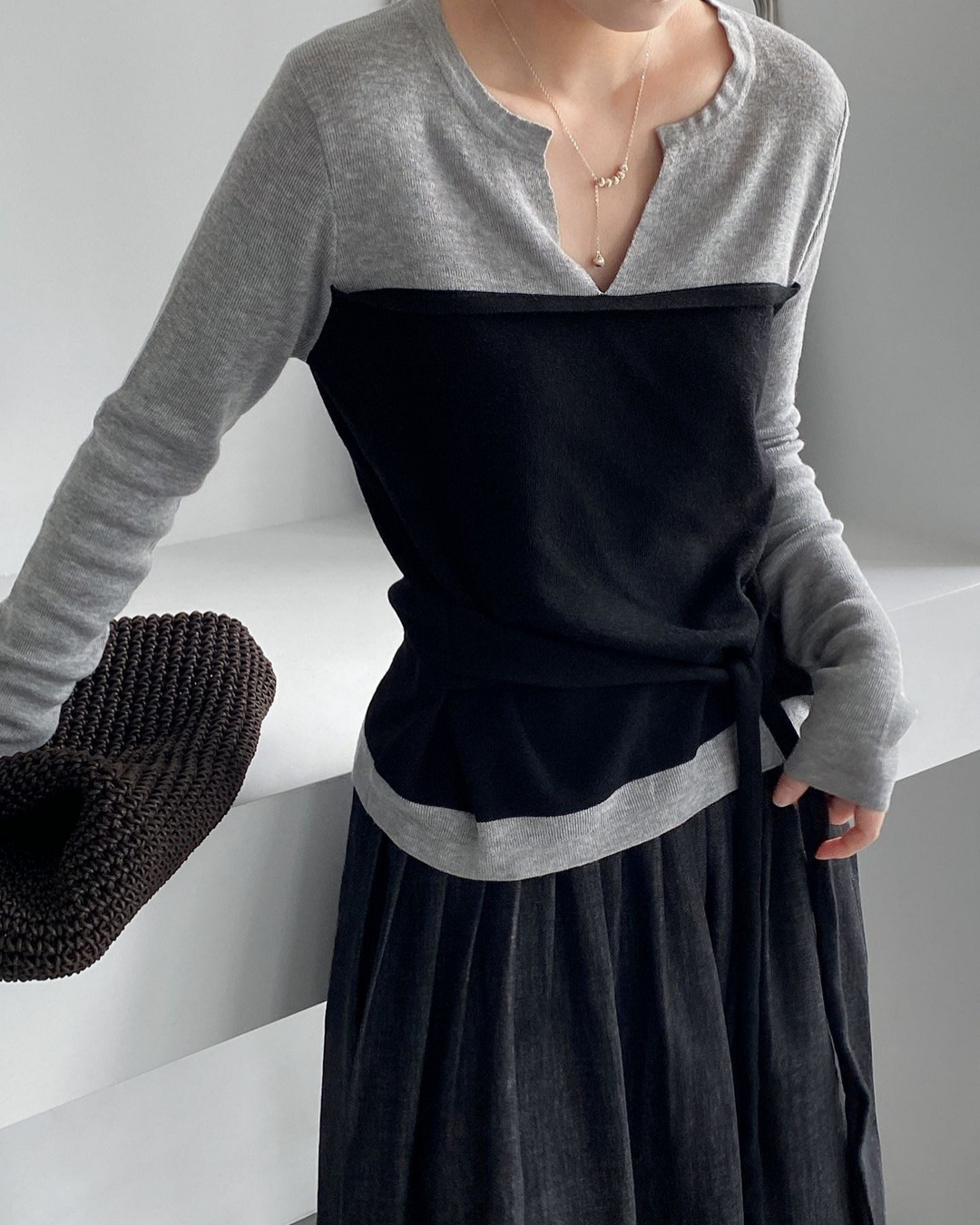 color block belt long sleeve knit 3color 【NINE7314】