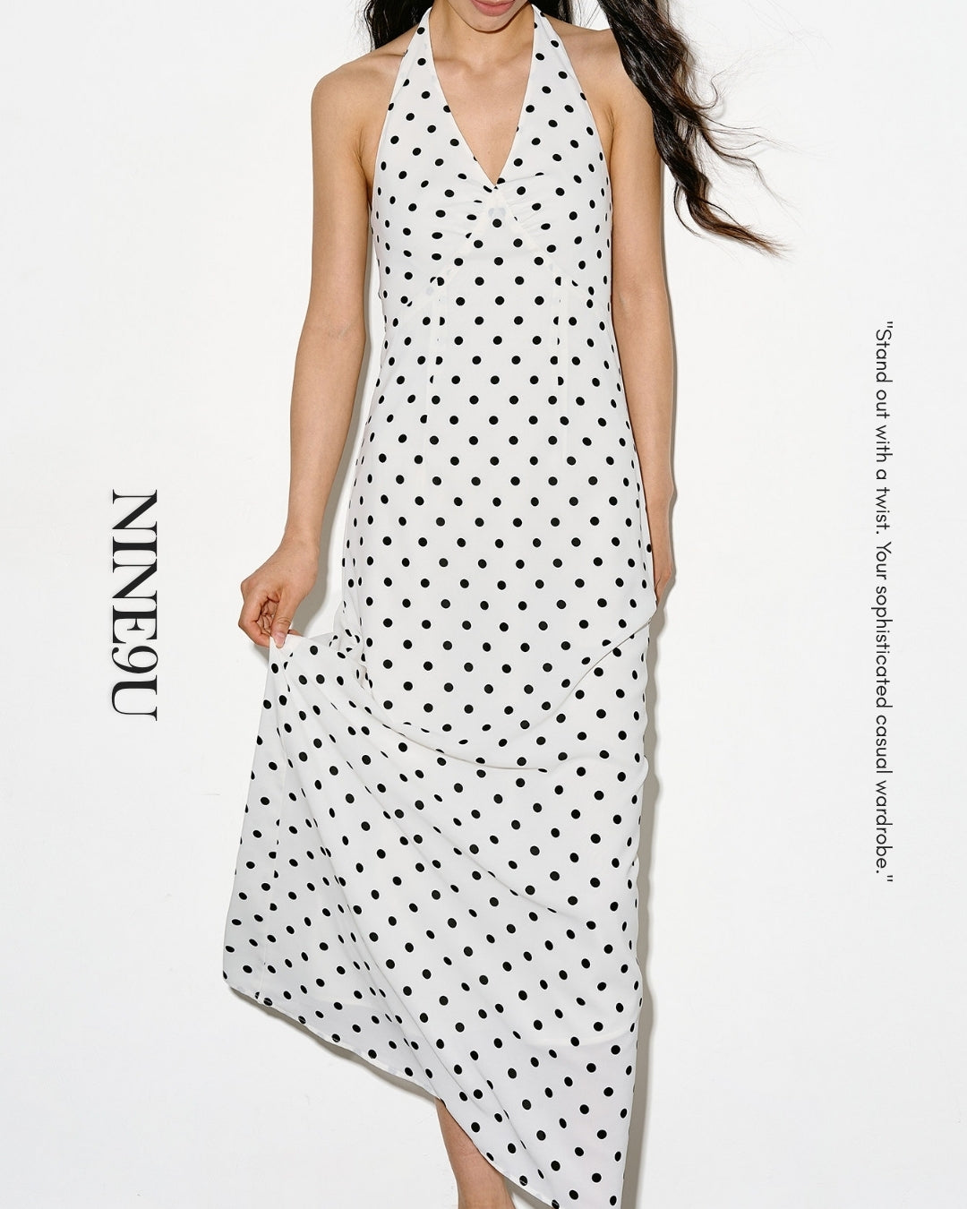 v-neck high waisted dot dress【NINE0334】