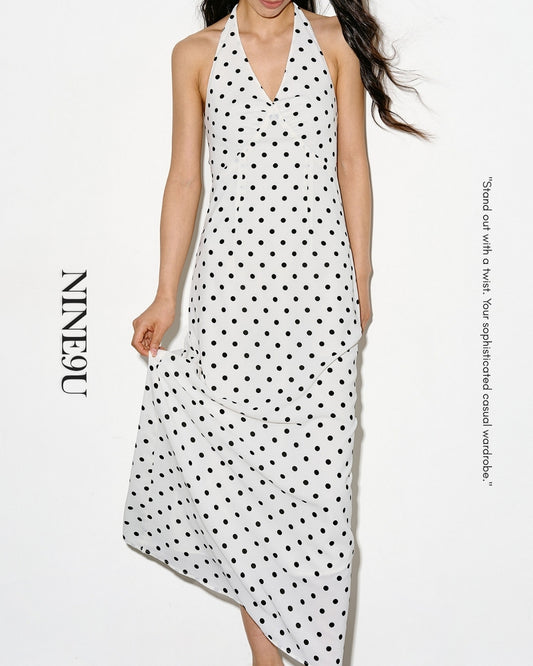 v-neck high waisted dot dress【NINE0334】