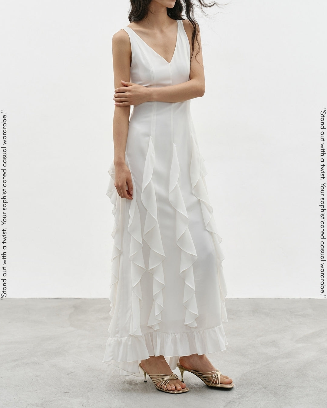 v-neck frilled long one-piece【NINE0343】