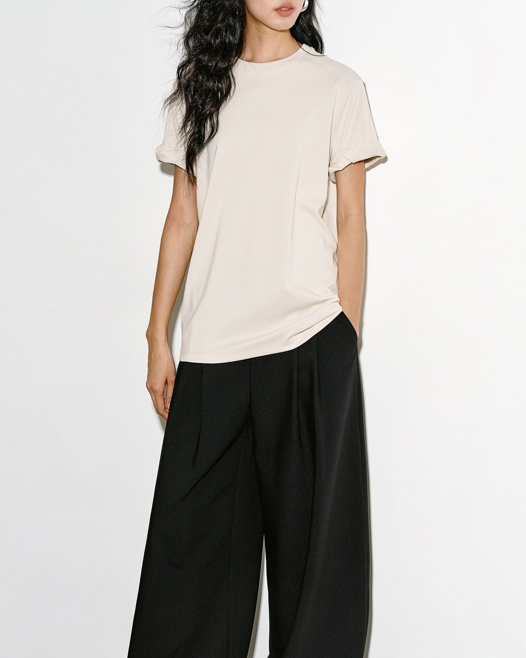 basic t-shirt with roll-up sleeves 2color【NINE0305】
