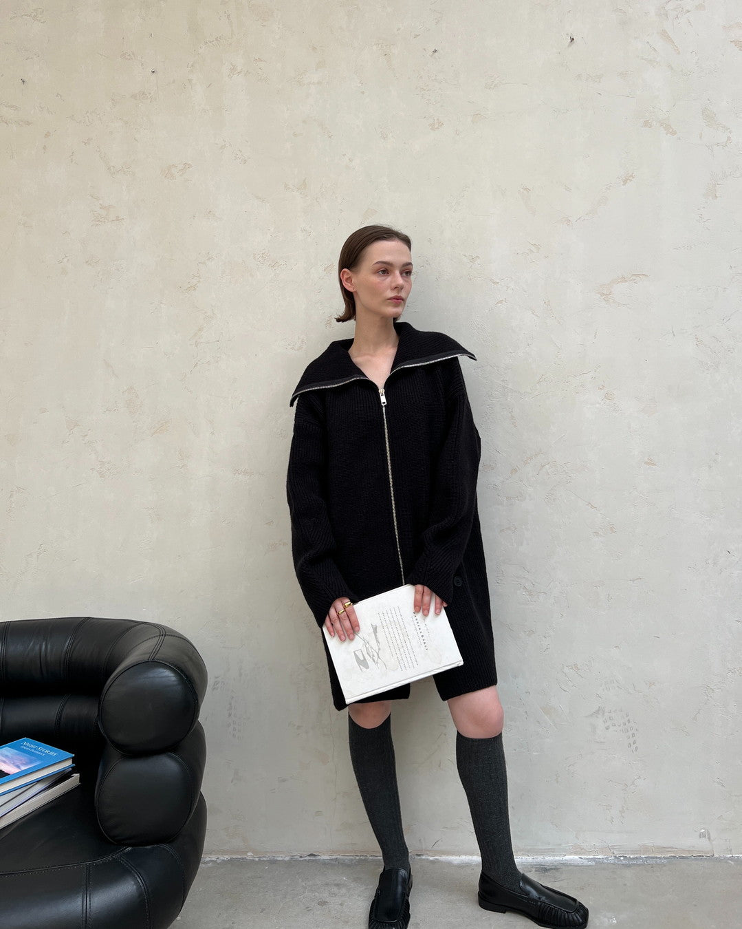 zip up neck knit cardigan jacket 2color 【NINE7271】