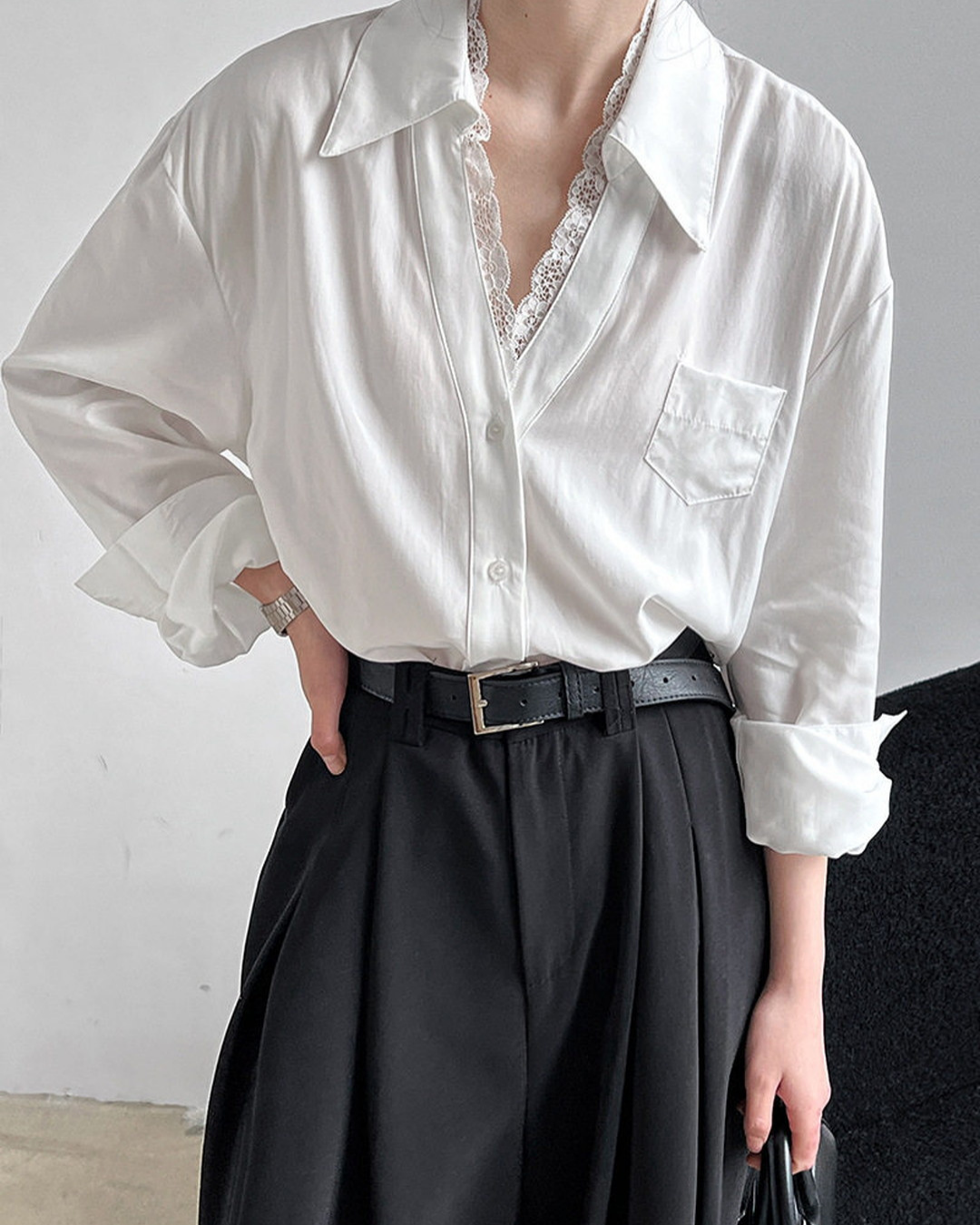 lace trim loose fit long sleeve shirt 2color 【NINE7311】