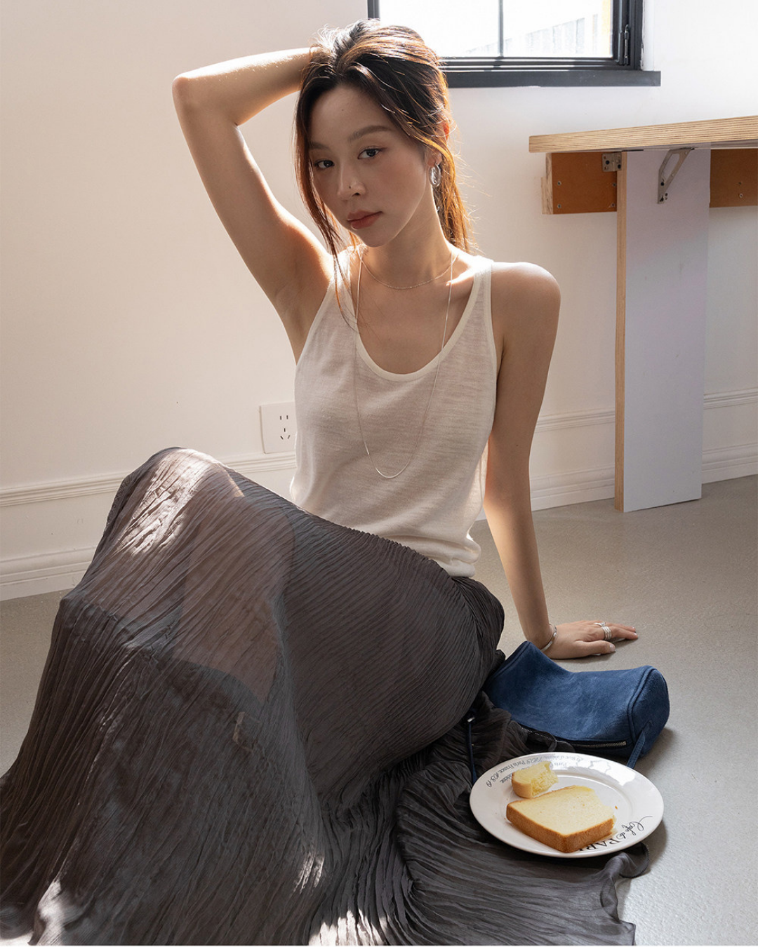 crinkled chiffon pleated long skirt 2color 【NINE7299】