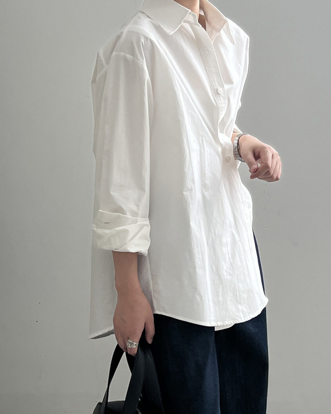 asymmetric placket loose fit long sleeve shirt 2color 【NINE7317】