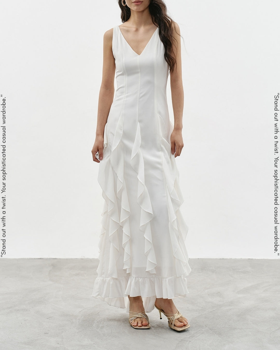 v-neck frilled long one-piece【NINE0343】