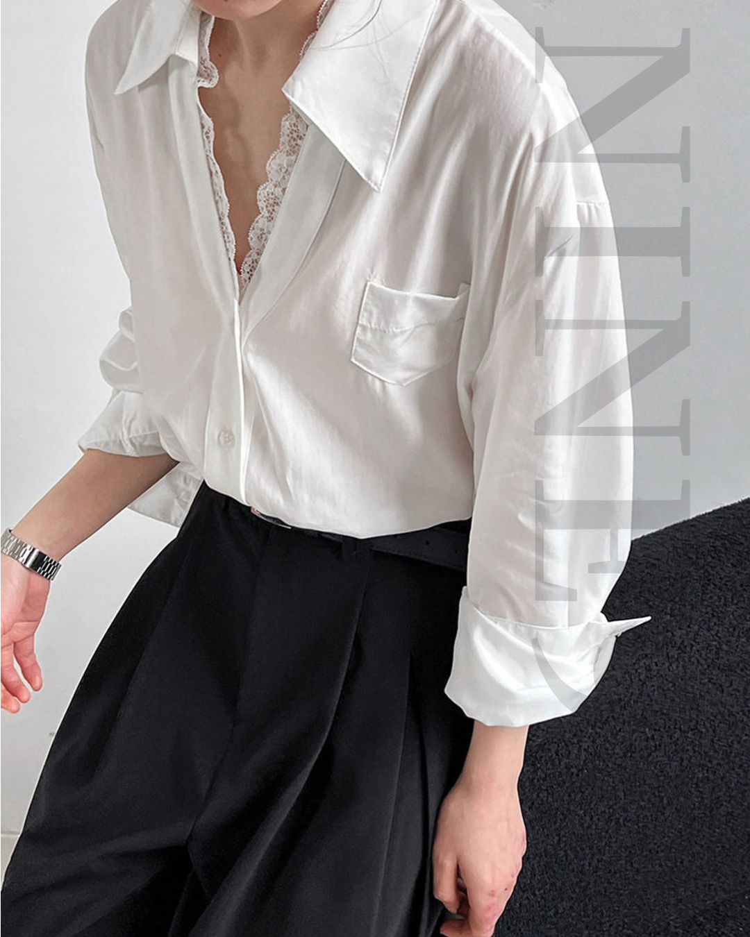 lace trim loose fit long sleeve shirt 2color 【NINE7311】