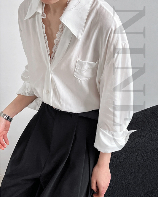 lace trim loose fit long sleeve shirt 2color 【NINE7311】
