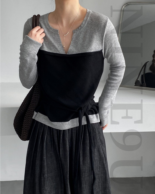 color block belt long sleeve knit 3color 【NINE7314】