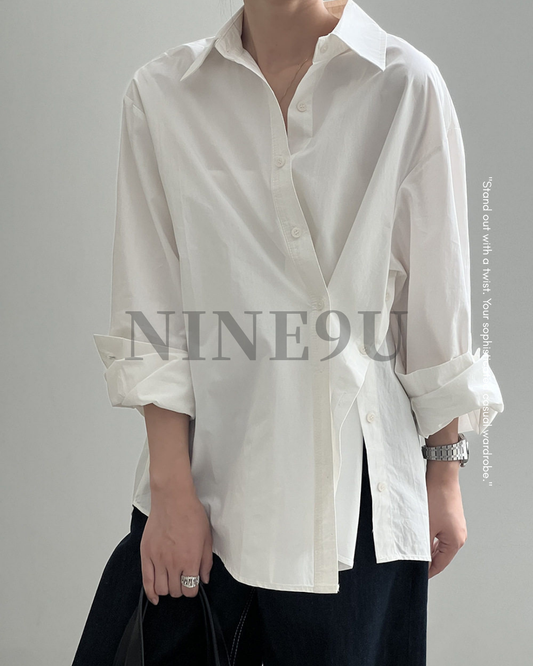asymmetric placket loose fit long sleeve shirt 2color 【NINE7317】