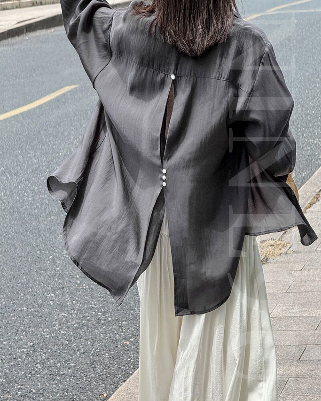 back button split sheer long sleeve shirt 5color 【NINE7319】