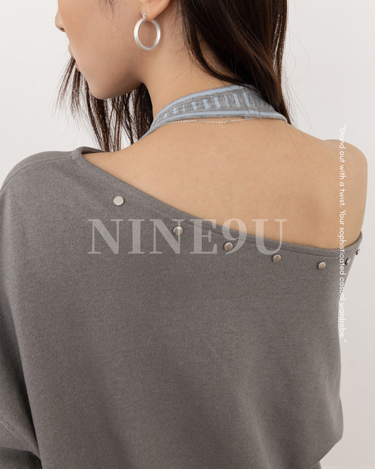 studded off shoulder sweatshirt set 2color 【NINE7279】
