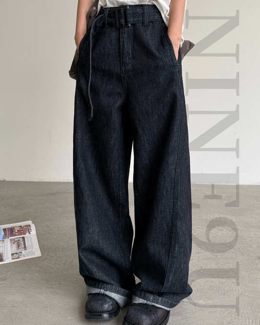 belted wide leg black denim 1color 【NINE7269】