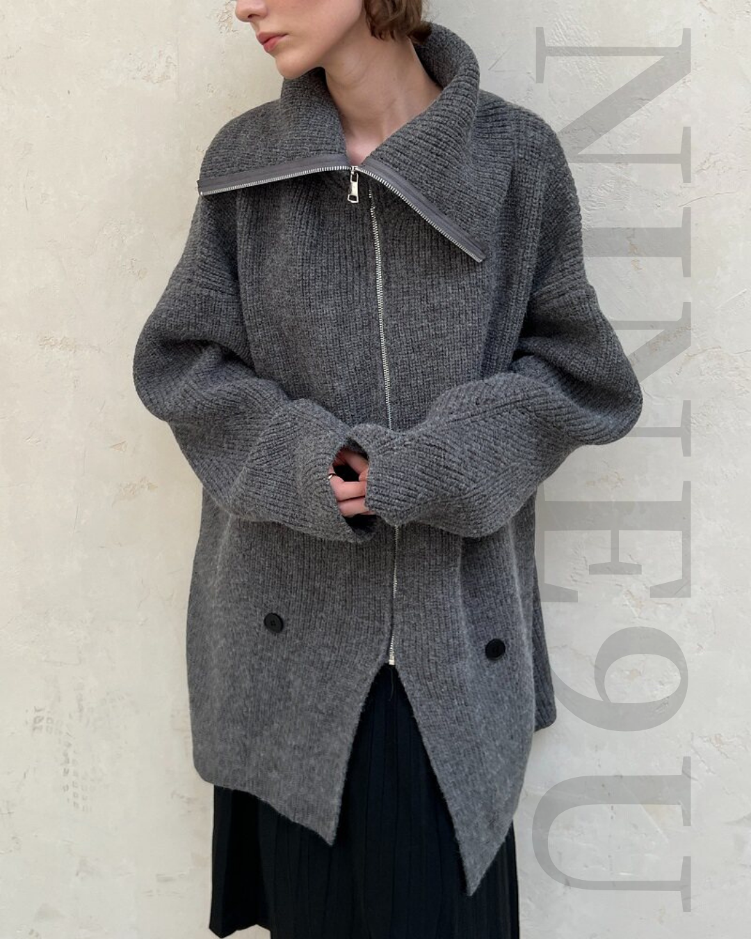 zip up neck knit cardigan jacket 2color 【NINE7271】