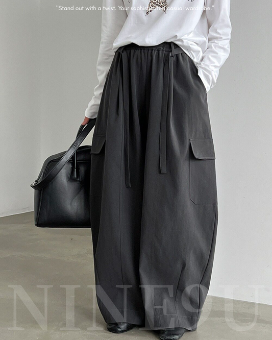 drawstring flap pocket cargo wide leg pants 2color 【NINE7321】