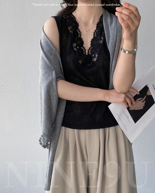 v neck lace paisley sleeveless top 2color 【NINE7322】
