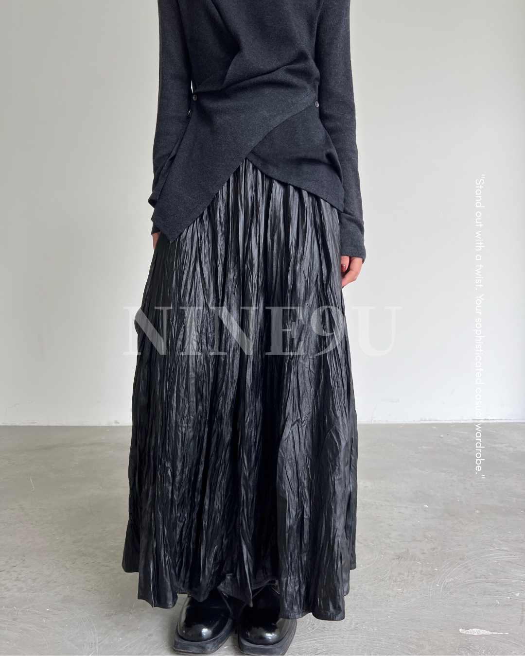 crinkled texture long pleated skirt 1color 【NINE7266】