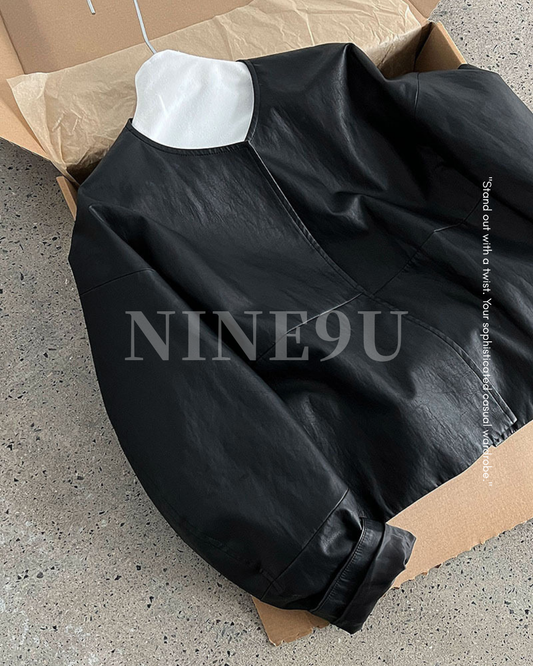 collarless faux leather relaxed jacket 1color 【NINE7327】
