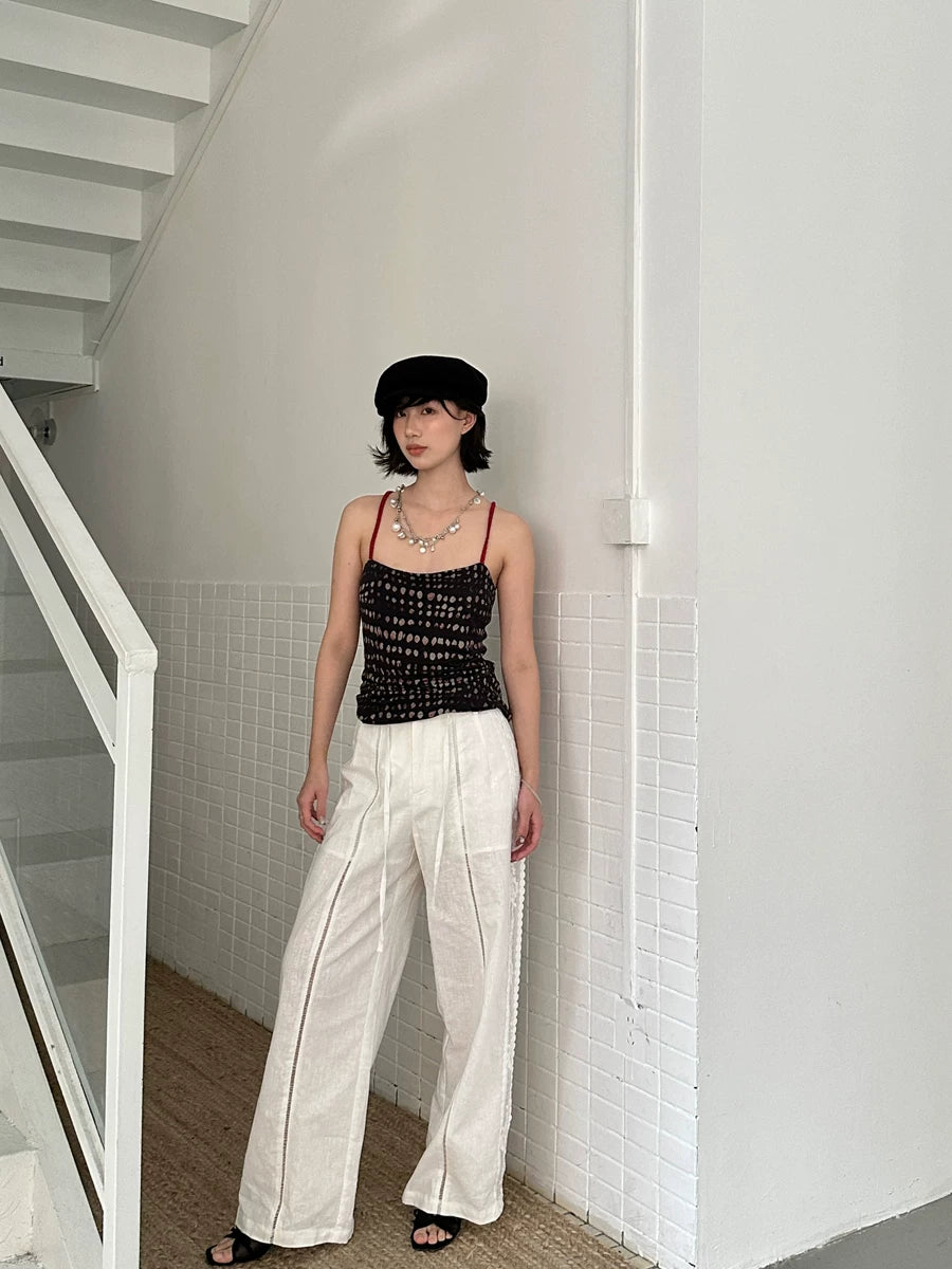 cotton linen lace cutout wide pants 1color 【NINE7143】