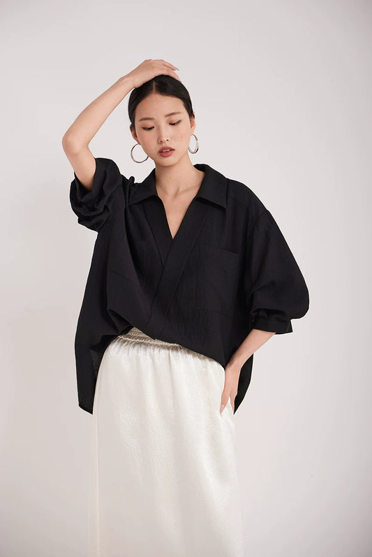 v-neck lapel puff sleeve shirt 3colors 【NINE7215】