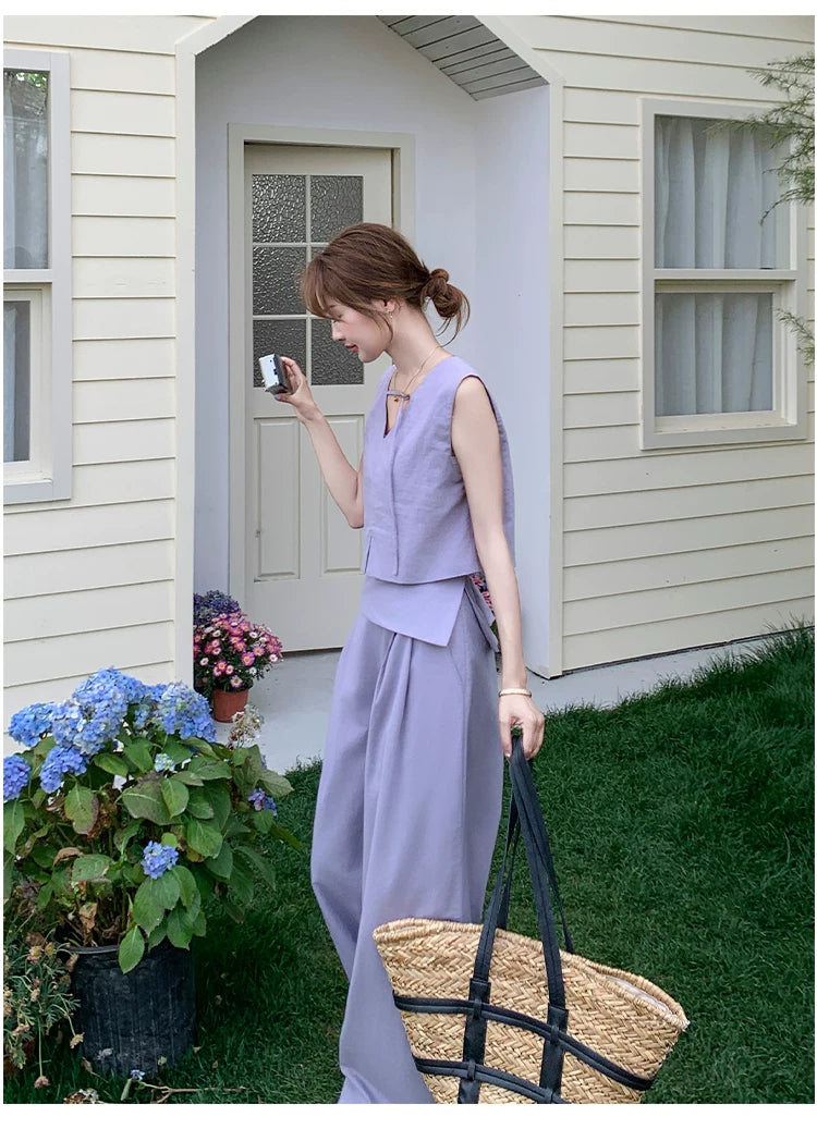 asymmetric vest wide pants setup 1color 【NINE7119】