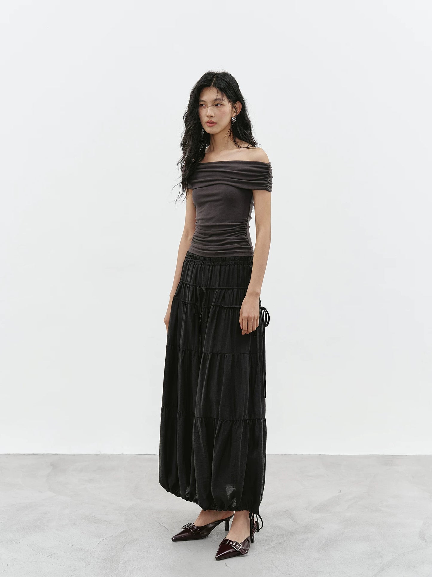 drawstring tiered balloon long skirt 1color 【NINE7229】