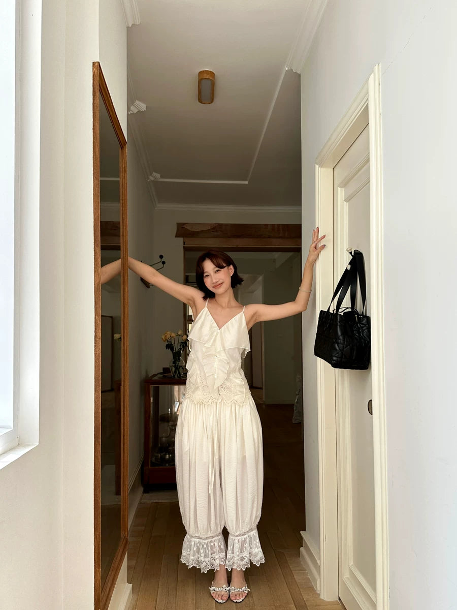 lace hem pleated loose pants 1color 【NINE7141】