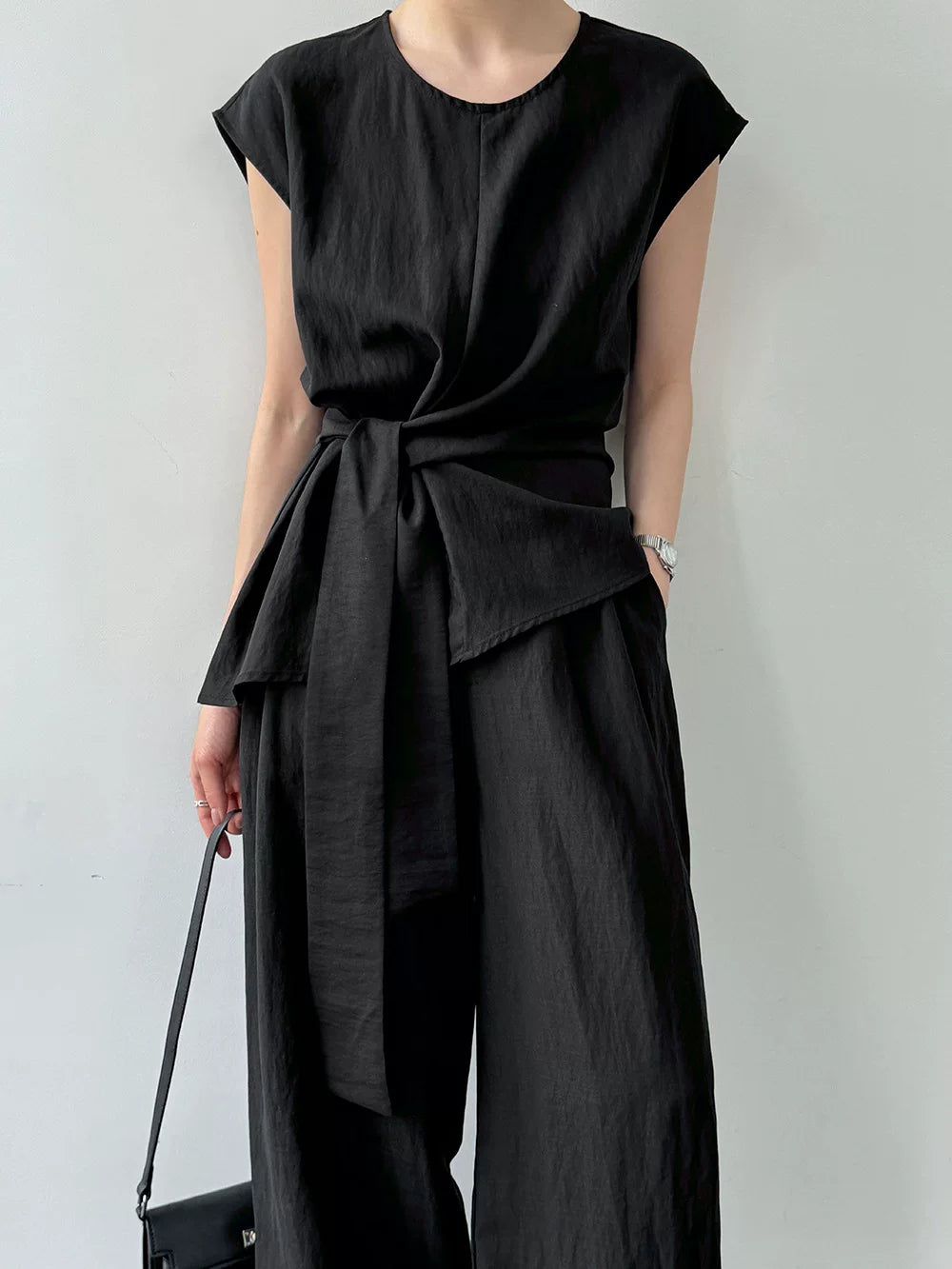 waist tie cap sleeve tops pants setup 2color 【NINE7085】