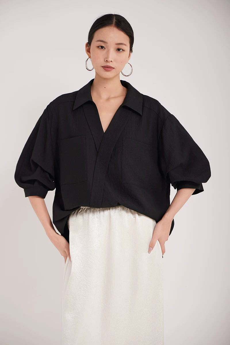 v-neck lapel puff sleeve shirt 3colors 【NINE7215】