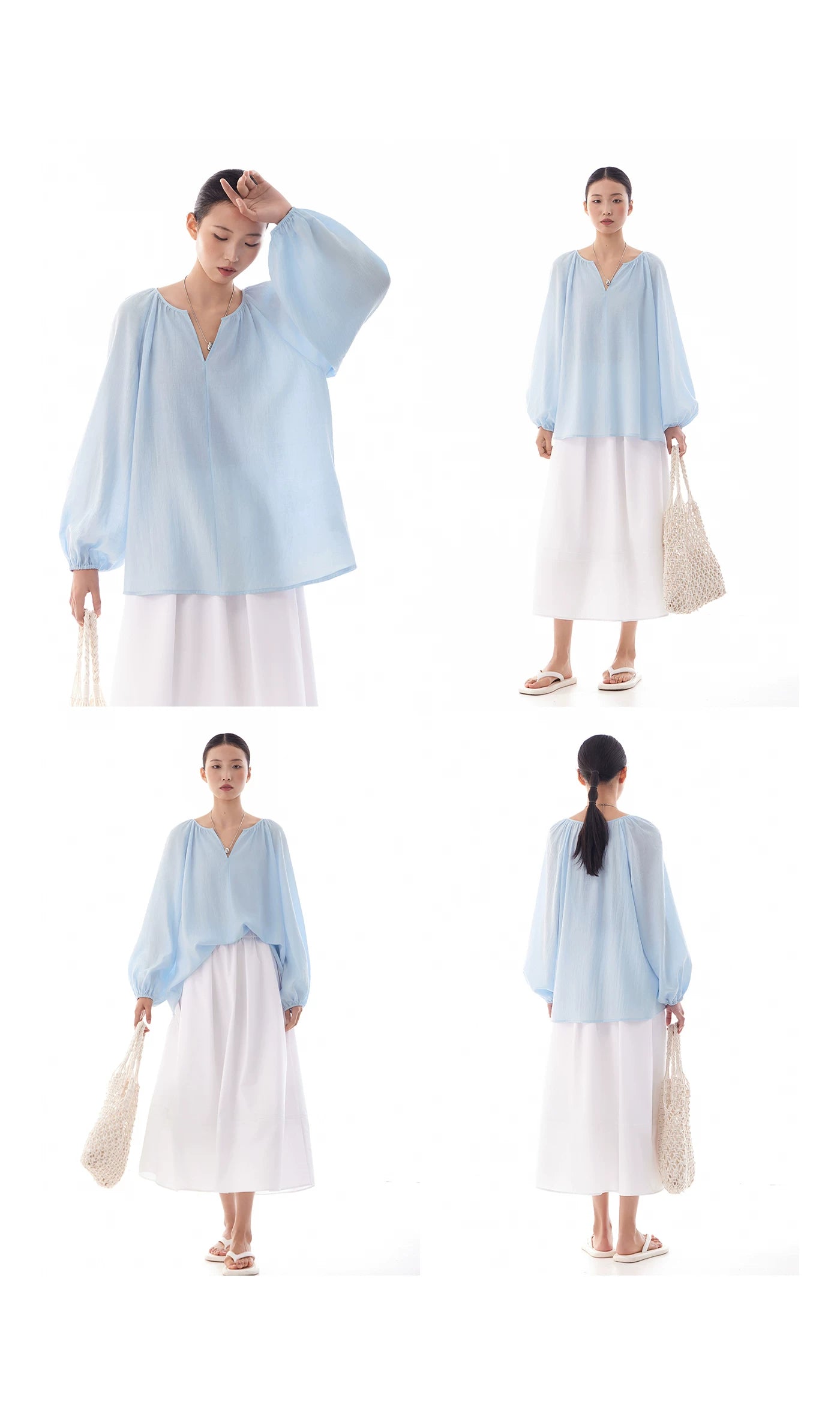 v-neck lantern sleeve loose blouse 14colors 【NINE7214】