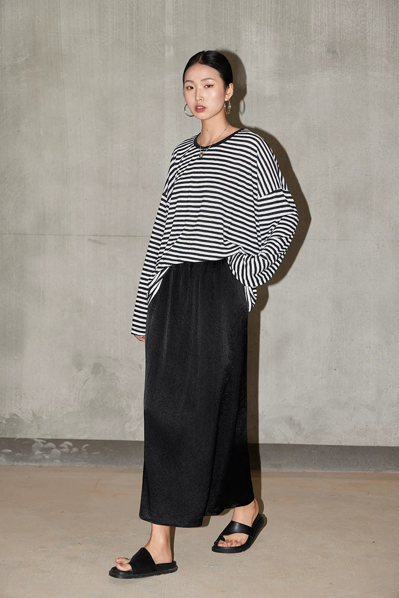 textured elastic waist long A-line skirt 1color 【NINE7217】