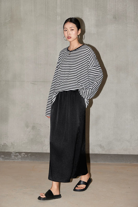 textured elastic waist long A-line skirt 1color 【NINE7217】