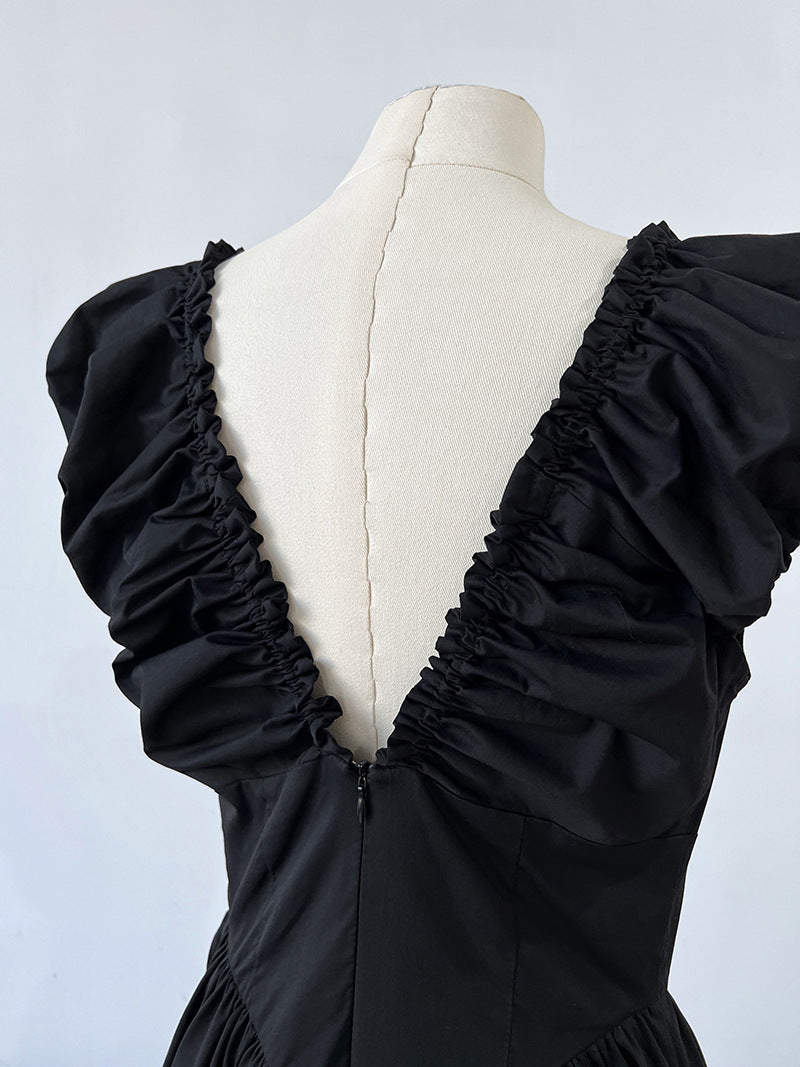 backless gathered puff sleeve dress 2color 【NINE7059】